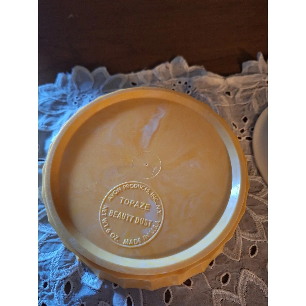 Vintage Avon Topaze Beauty Dust Powder Jar Yellow Marbled Faux Amber Gem‎ Lid